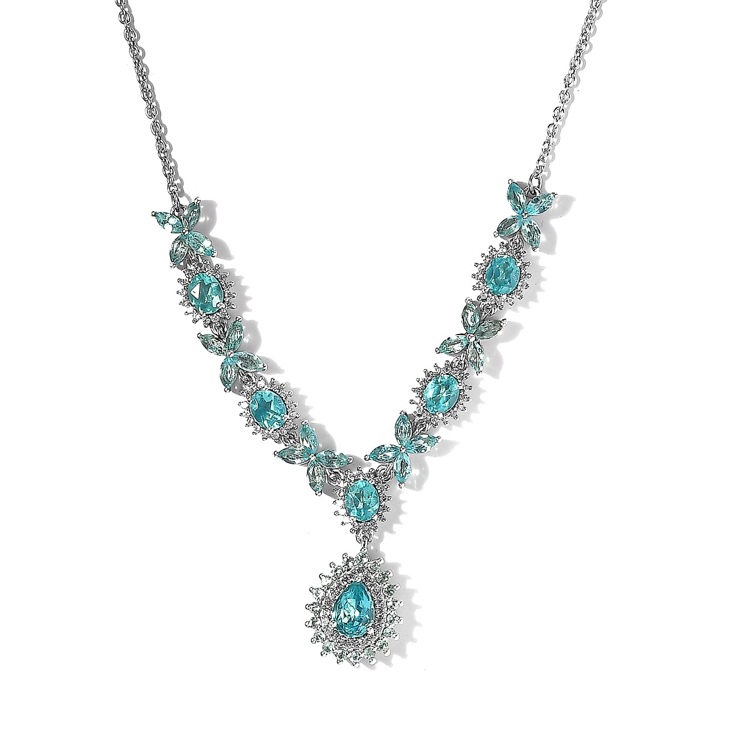 Madagascar Paraiba Apatite and White Zircon Necklace 18 Inches in Platinum Over Sterling Silver 5.75 ctw