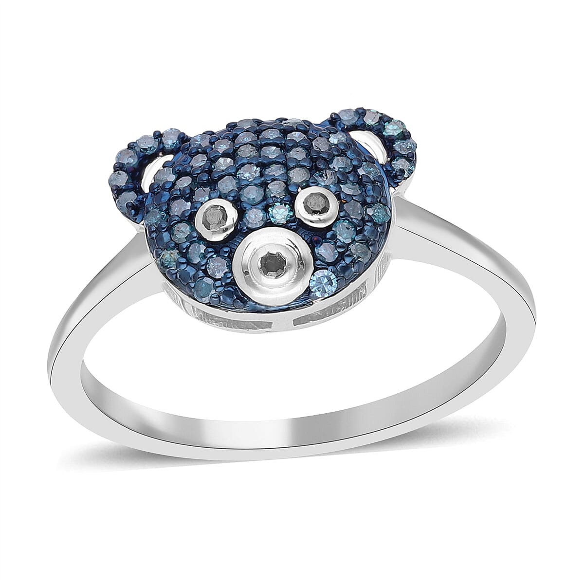 Blue and Black Diamond Teddy Bear Ring in Platinum Over Sterling Silver 0.30 ctw