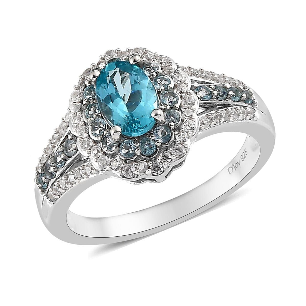 Premium Madagascar Paraiba Apatite, Multi Gemstone Halo Ring in Platinum Over Sterling Silver (Size 10.0) 1.65 ctw
