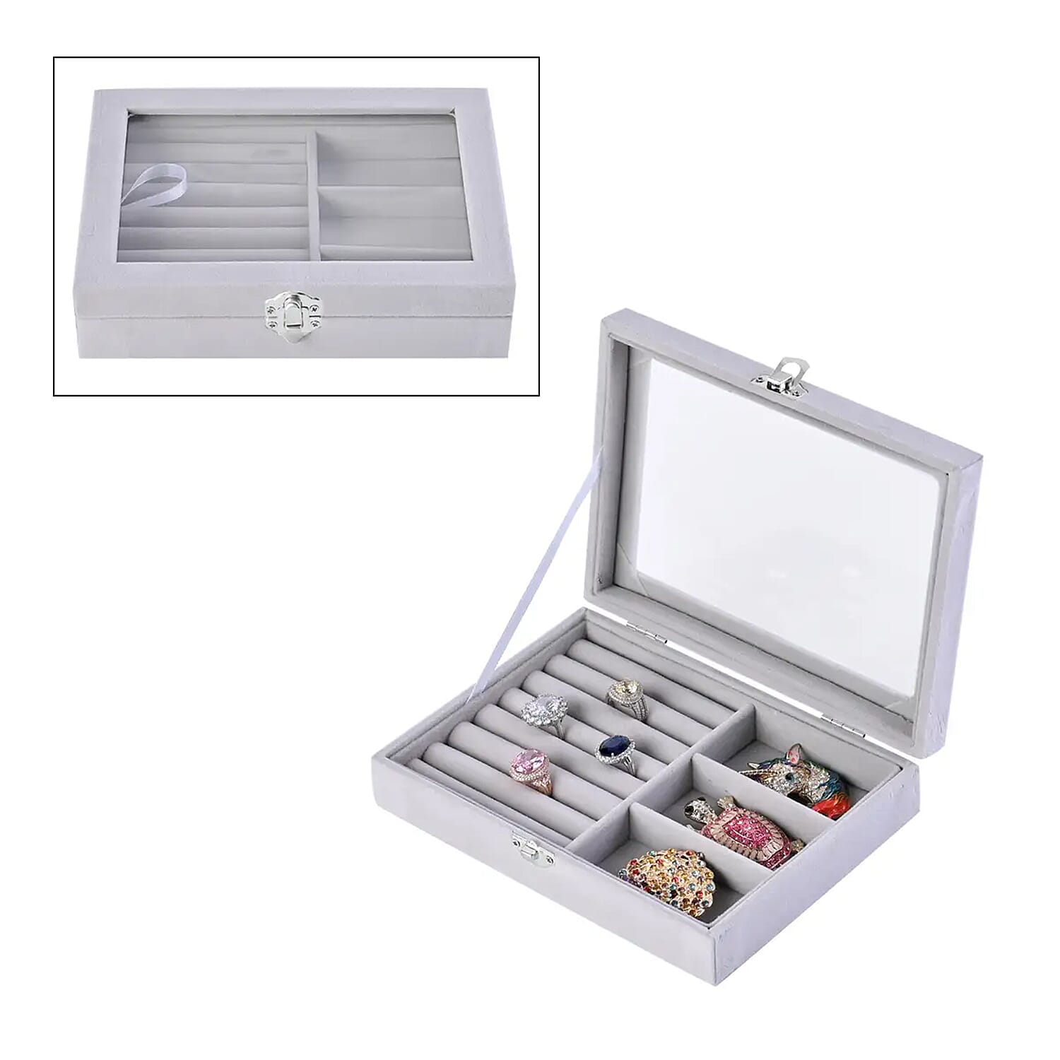 Gray Velvet Jewelry Box with Anti Tarnish Lining & Lock (8"x6"x2") (Rings Hold Up to 28, Brooch, Pendant, Earrings)