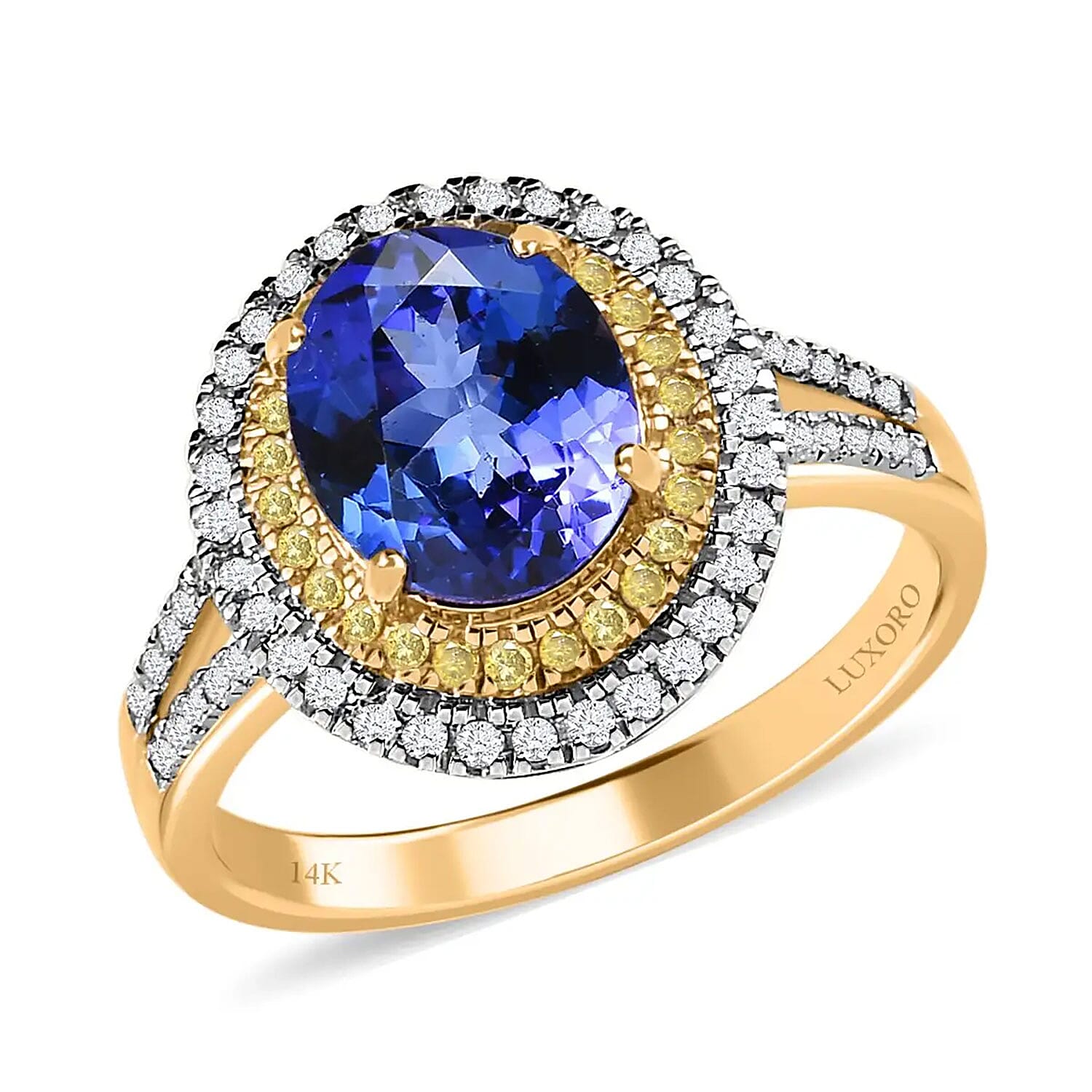 Luxoro 14K Yellow Gold AAA Tanzanite, I2-I3 Natural Yellow and White Diamond Double Halo Ring (Size 7.0) 2.75 ctw (Del. in 15-20 Days)