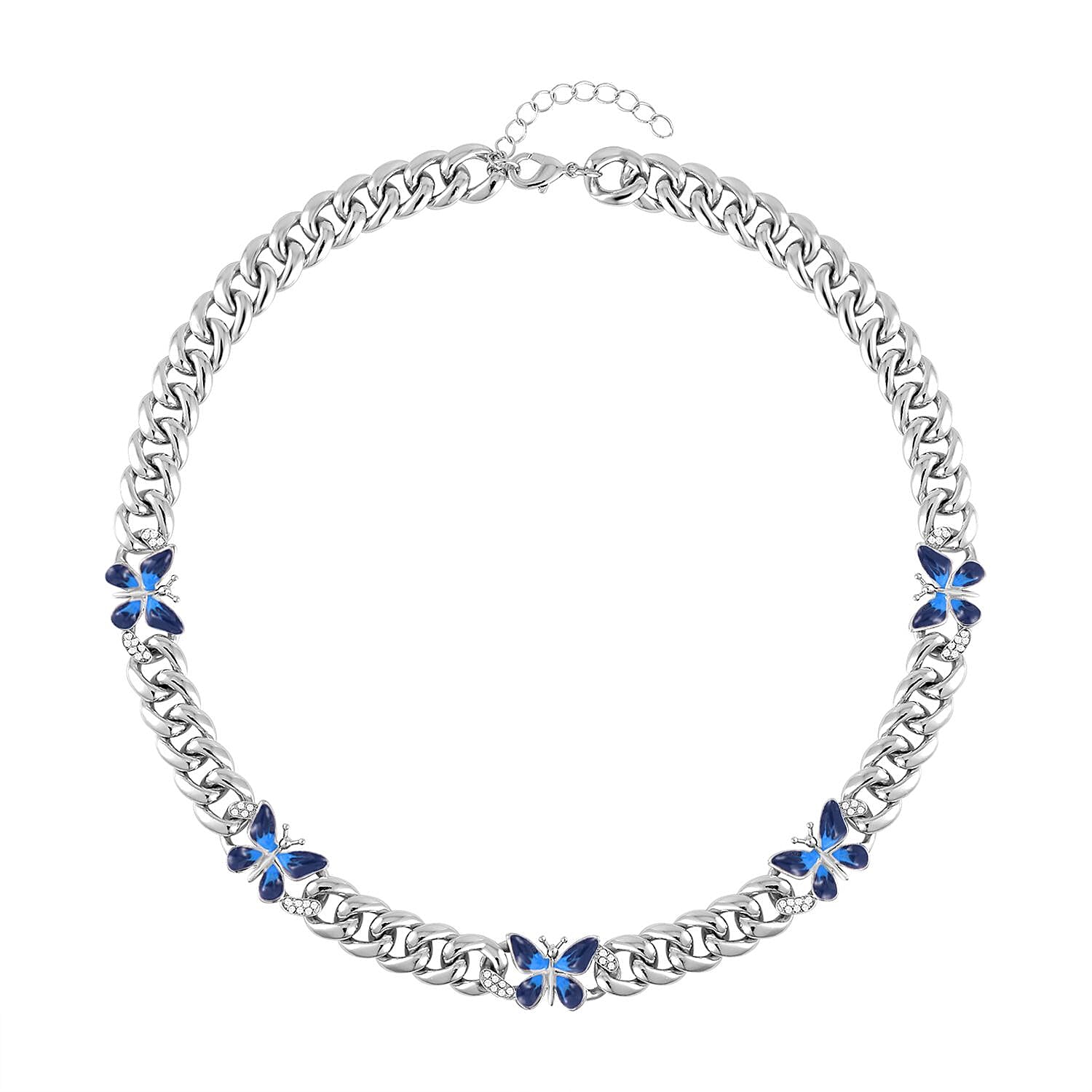Doorbuster Austrian Crystal and Blue Enameled and Beautiful Curb Chain Necklace 20-22 Inches in Silvertone