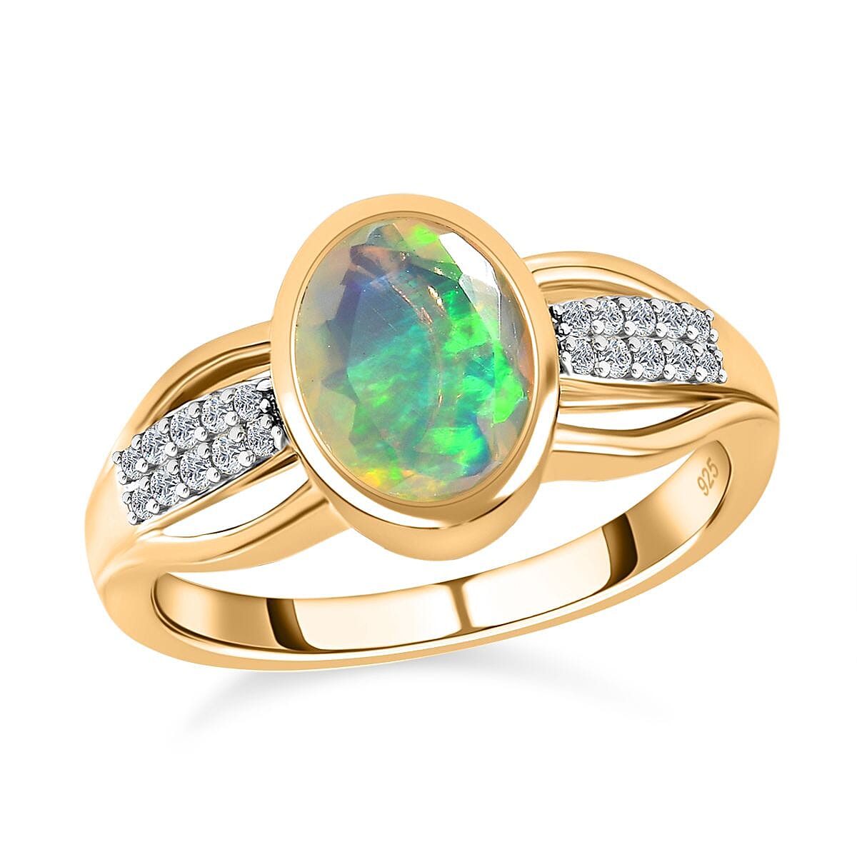 Ethiopian Welo Opal and White Zircon 1.50 ctw Ring in 14K YG Over Sterling Silver (Size 10.0)