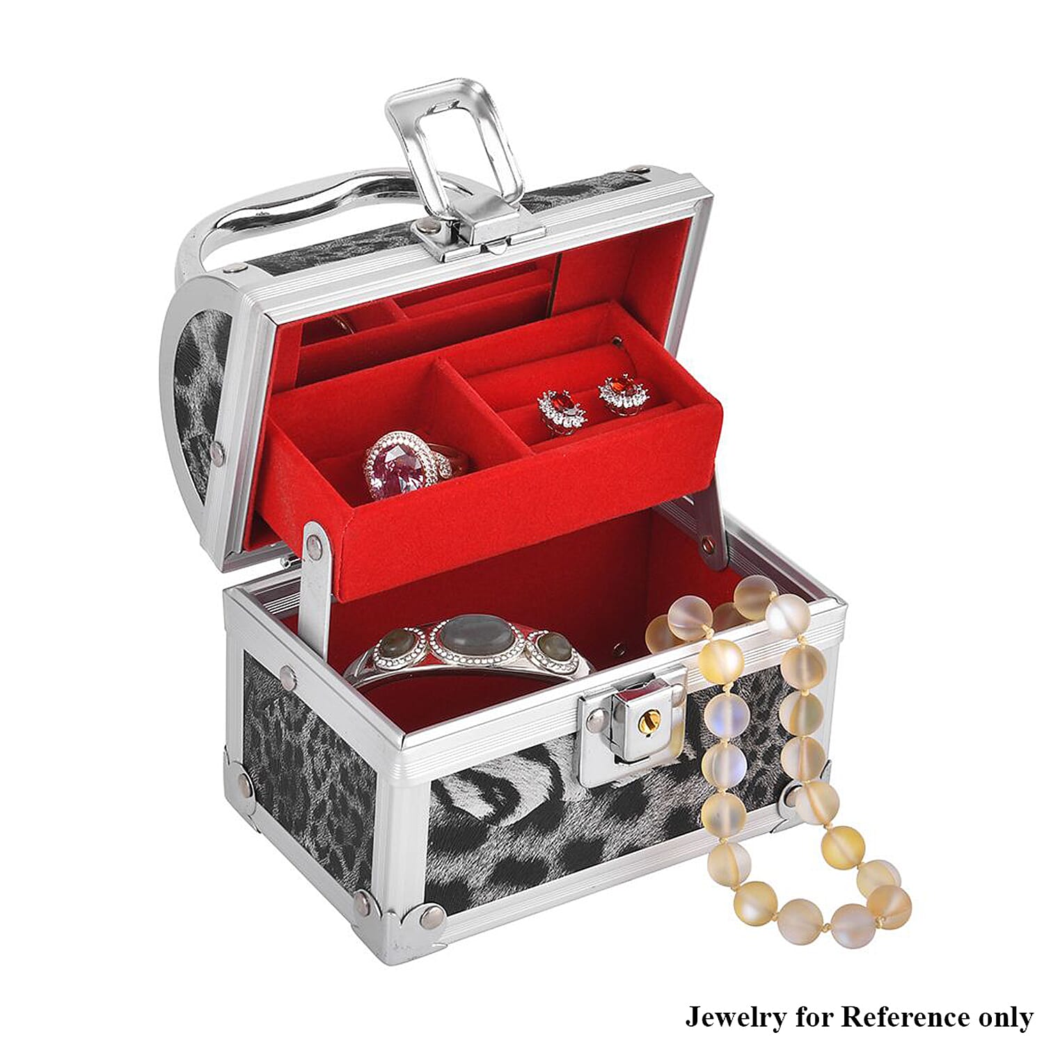 Black Faux Leather Leopard Pattern and Aluminum Two Layer Jewelry Organizer (4.72"x2.95"x3.94")