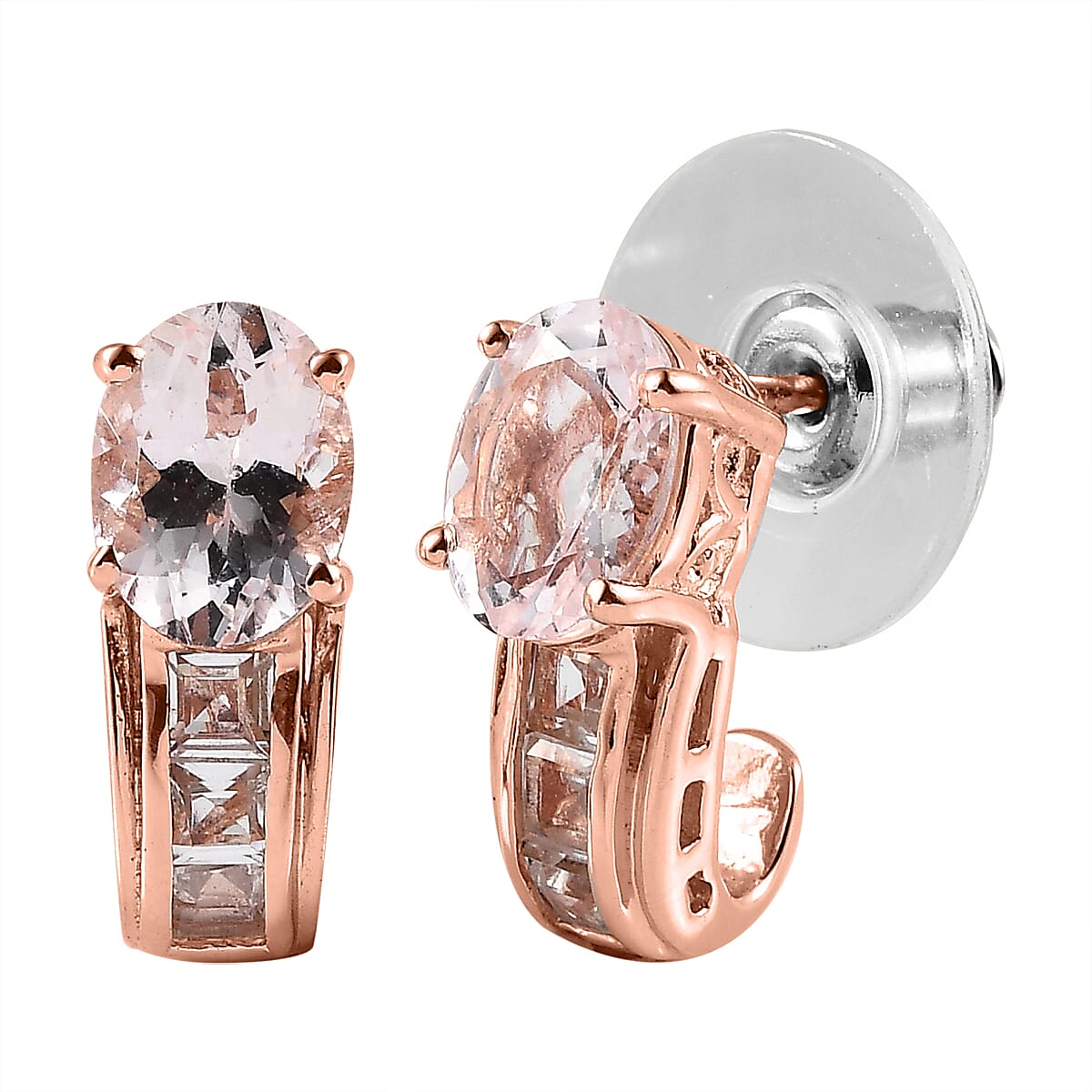 Pink Morganite and White Topaz J-Hoop Earrings in Vermeil Rose Gold Over Sterling Silver 2.85 ctw