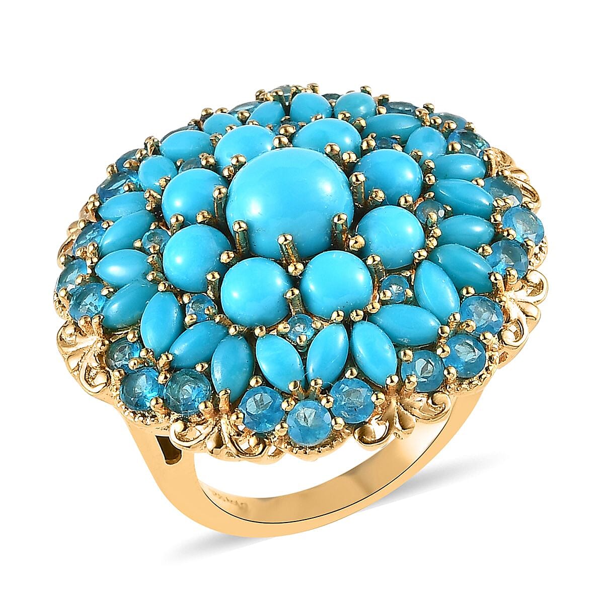 Premium Sleeping Beauty Turquoise and Malgache Neon Apatite Floral Spray Ring in Vermeil YG Over Sterling Silver (Size 10.0) 8.10 ctw