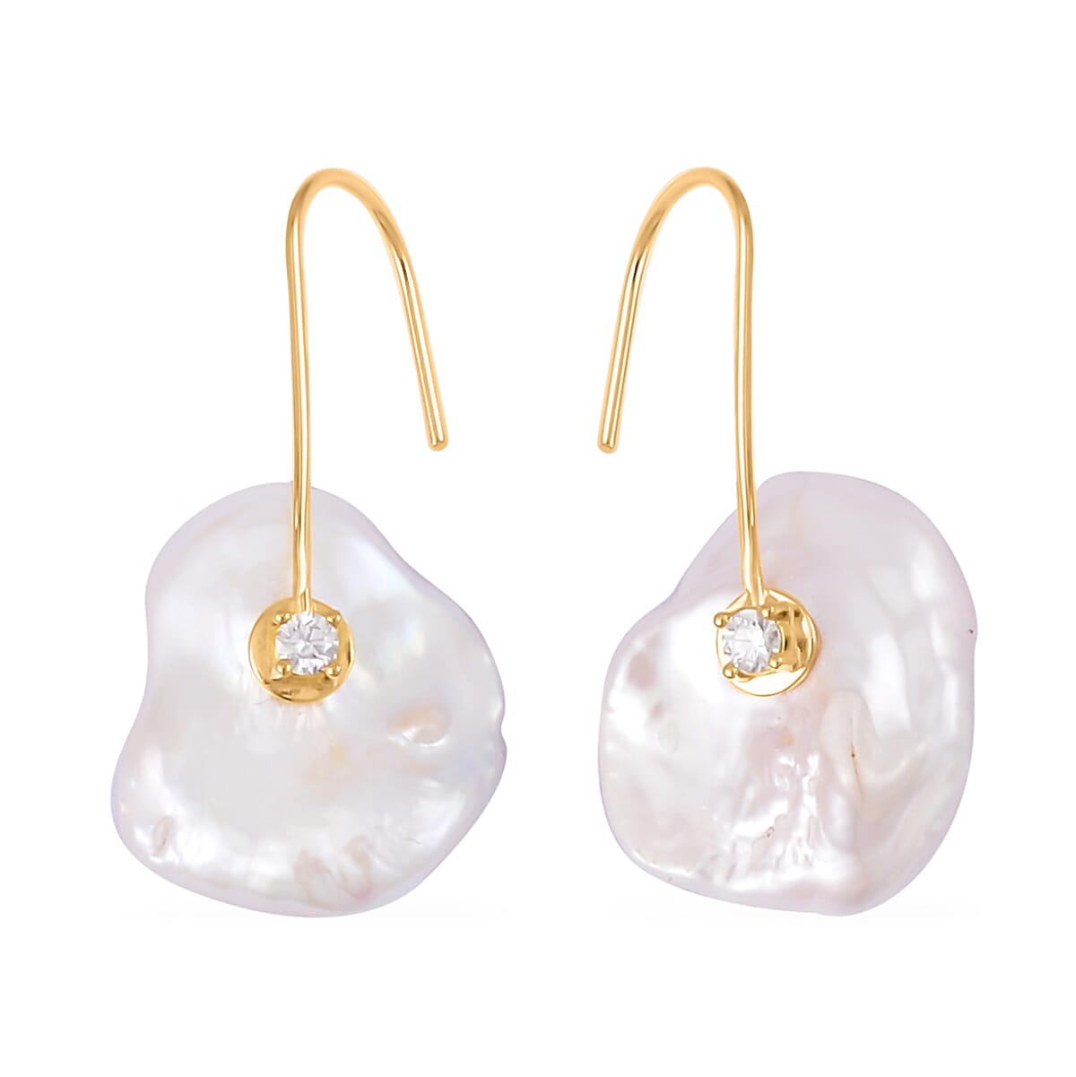 White Keshi Pearl and Moissanite Drop Earrings in 14K Yellow Gold Over Sterling Silver 0.20 ctw