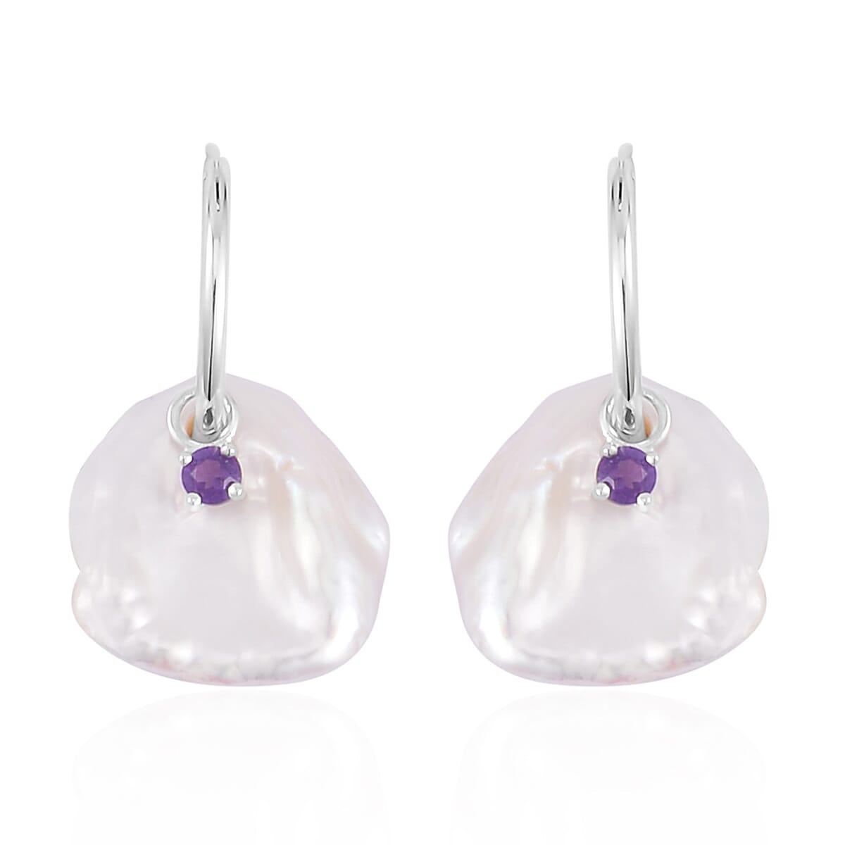 White Keshi Pearl and Amethyst Earrings in Rhodium Over Sterling Silver 0.35 ctw