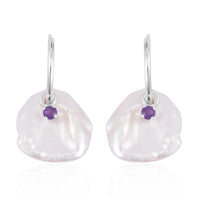 White Keshi Pearl and Amethyst Earrings in Rhodium Over Sterling Silver 0.35 ctw