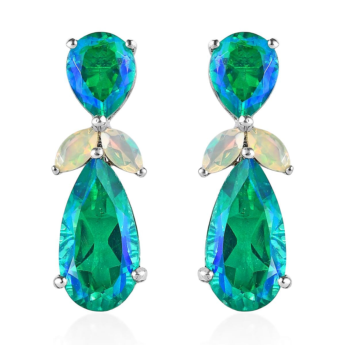 Peacock Quartz (Triplet) and Ethiopian Welo Opal Dangle Earrings in Platinum Over Sterling Silver 13.35 ctw