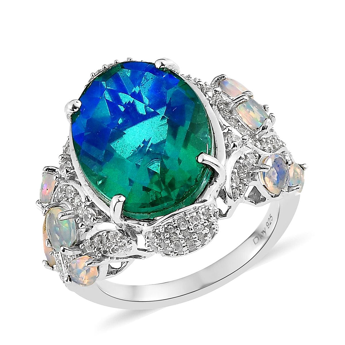 Peacock Quartz (Triplet) and Multi Gemstone Ring in Platinum Over Sterling Silver (Size 10.0) 14.50 ctw