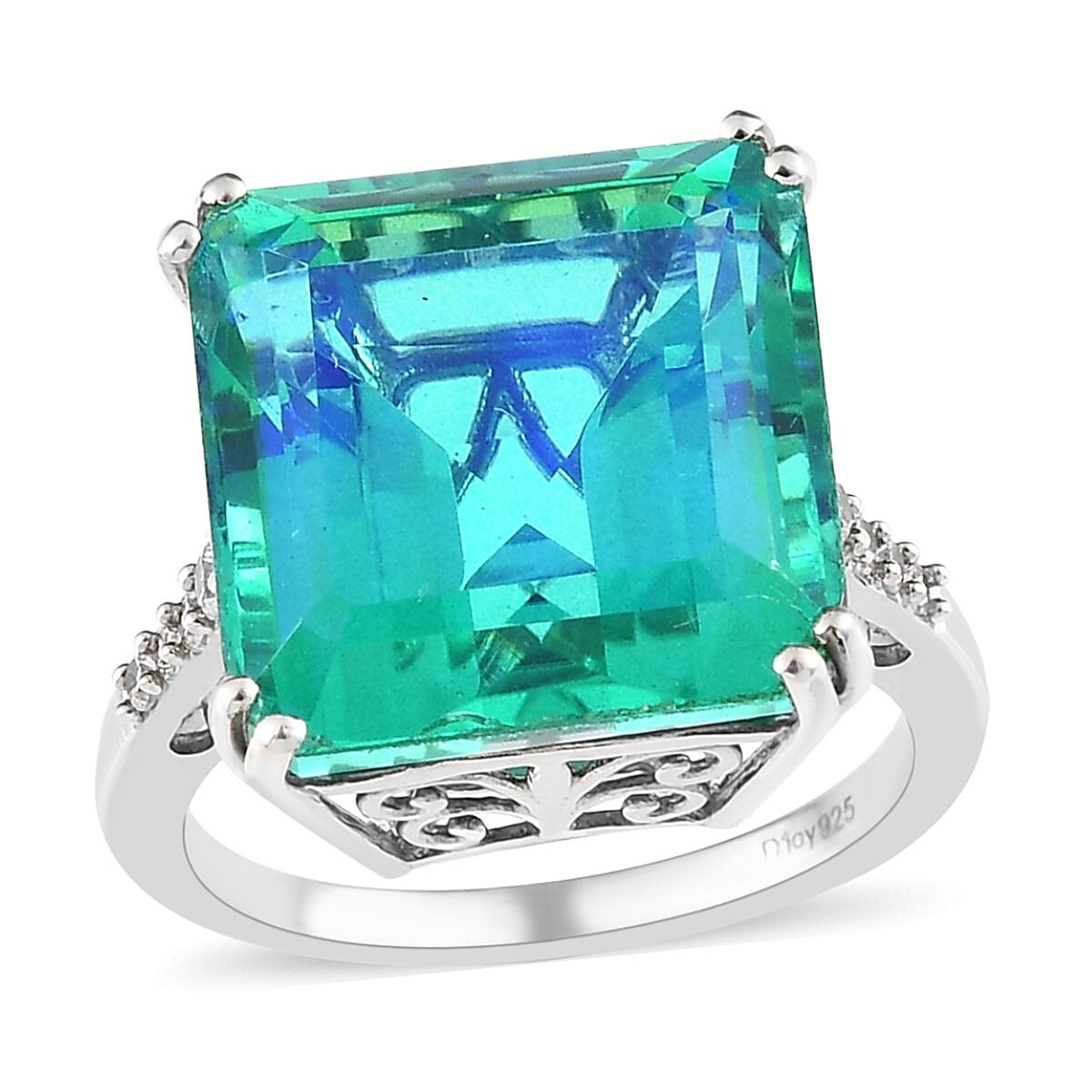 Peacock Quartz (Triplet) and White Zircon Ring in Platinum Over Sterling Silver 17.50 ctw