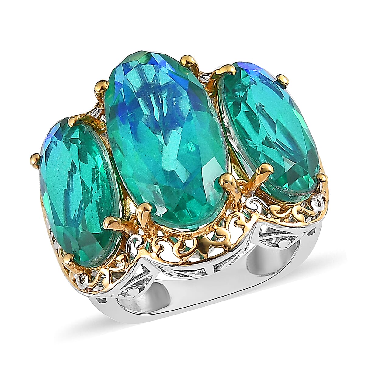 Peacock Quartz (Triplet) 3 Stone Ring in Vermeil YG and Platinum Over Sterling Silver 19.35 ctw