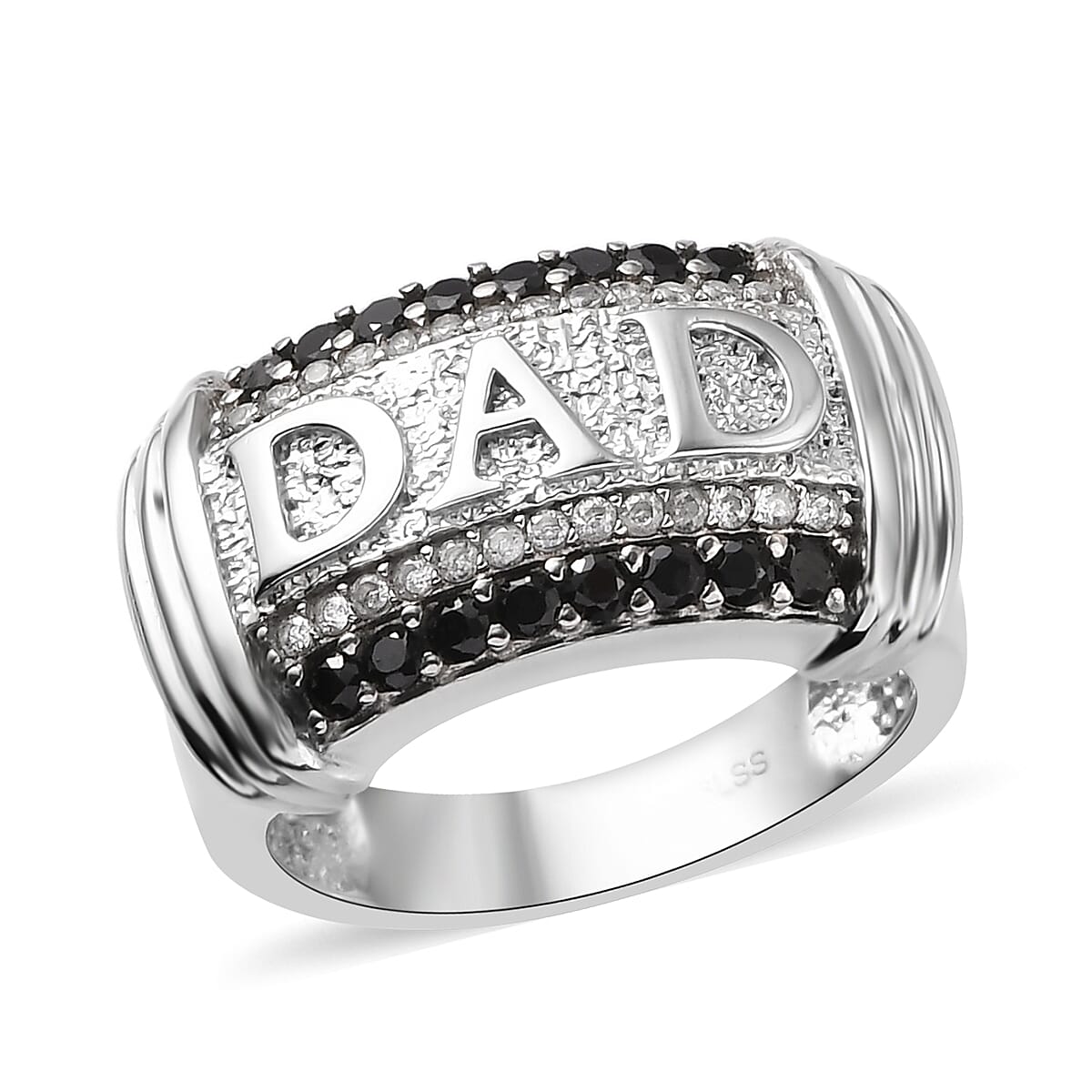 Thai Black Spinel and White Zircon Men's Ring in Stainless Steel (Size 10.0) 1.00 ctw