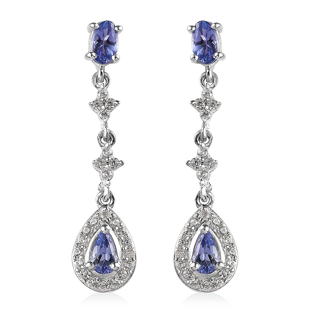 D'Joy Tanzanite and White Zircon Dangling Earrings in Platinum Over Sterling Silver 1.40 ctw