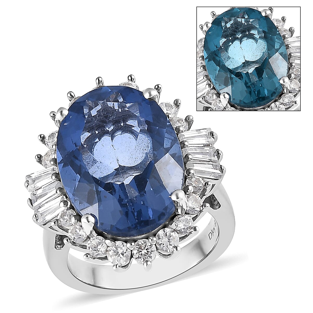 Color Change Fluorite (IR) and White Zircon Halo Ring in Platinum Over Sterling Silver 16.30 ctw
