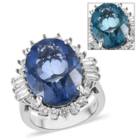 Color Change Fluorite (IR) and White Zircon Halo Ring in Platinum Over Sterling Silver 16.30 ctw