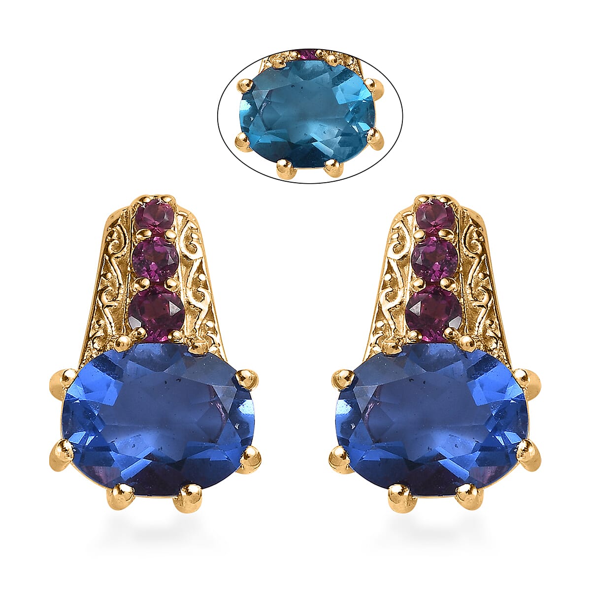 Color Change Fluorite and Orissa Rhodolite Garnet Earrings in Vermeil Yellow Gold Over Sterling Silver 8.40 ctw