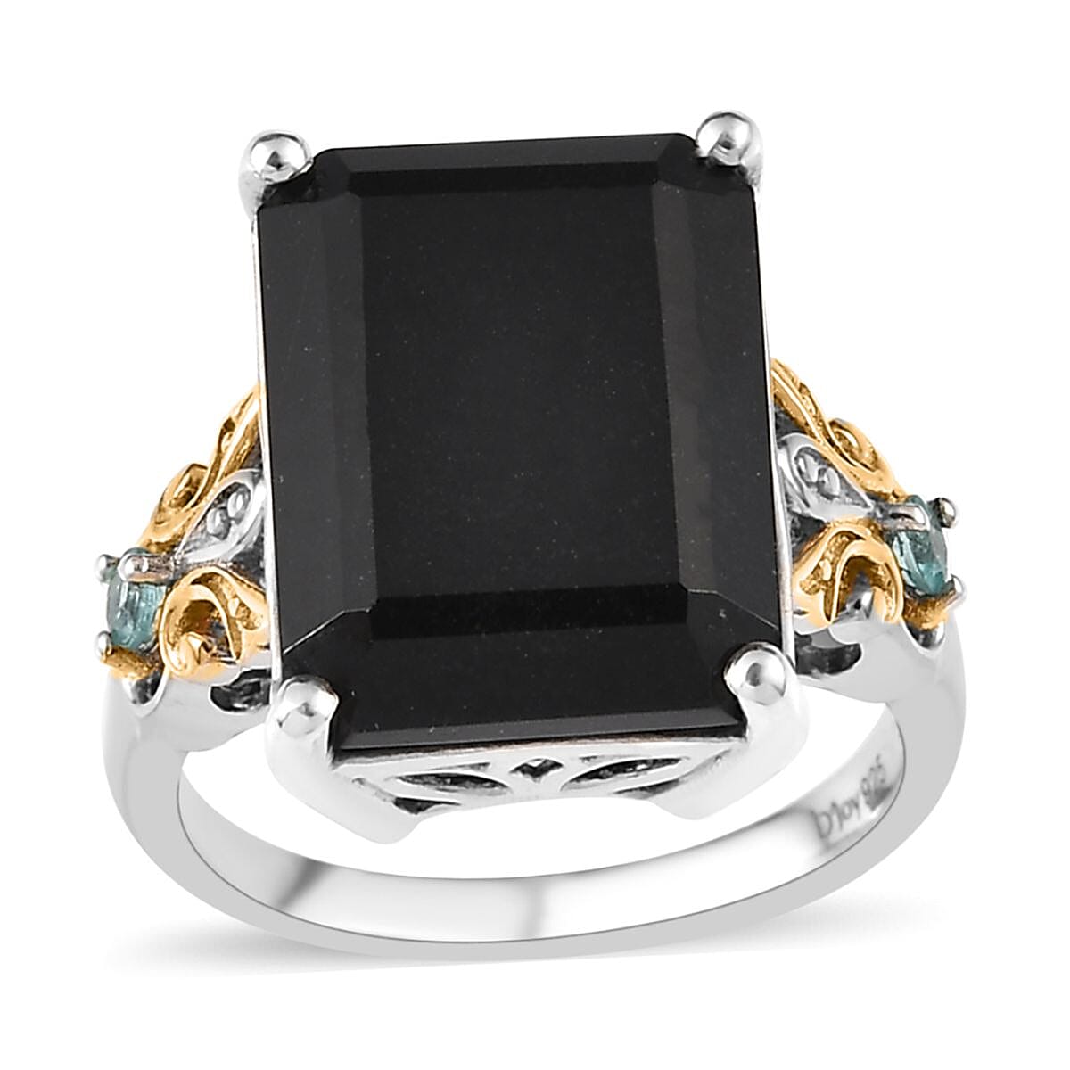 Australian Black Tourmaline and Madagascar Paraiba Apatite Ring in Vermeil YG and Platinum Over Sterling Silver 13.60 ctw