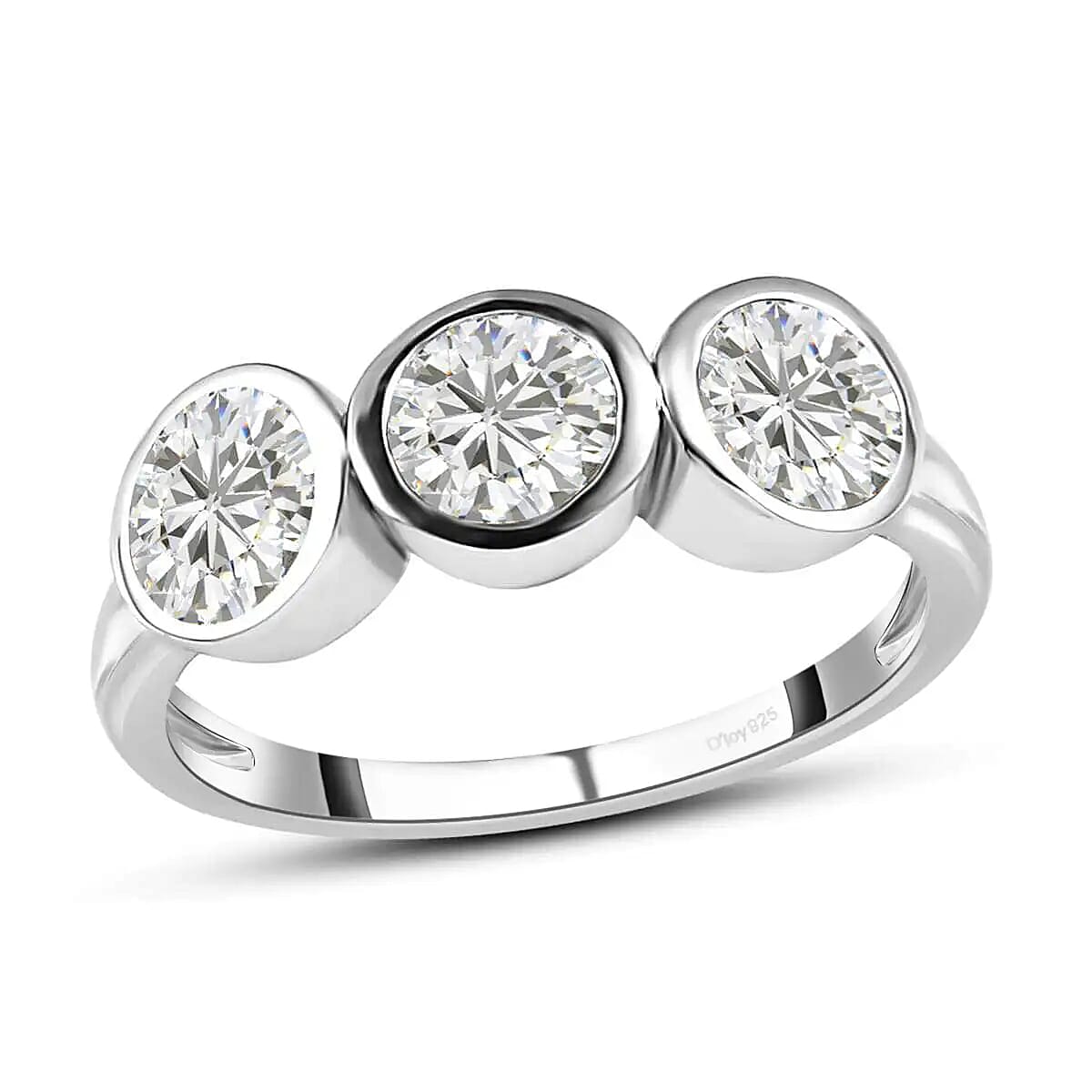 Moissanite 3 Stone Ring in Platinum Over Sterling Silver 1.35 ctw