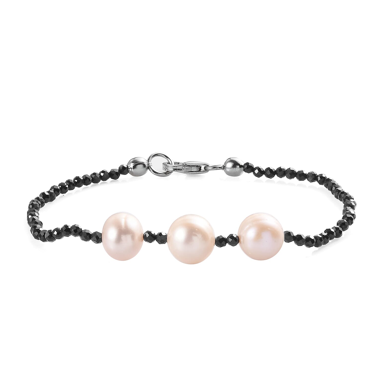 Thai Black Spinel and White Freshwater Pearl Bracelet in Sterling Silver (7.25 In) 7.50 ctw