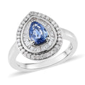Premium Ceylon Blue Sapphire and Diamond Double Halo Ring in Platinum Over Sterling Silver (Size 9.0) 1.25 ctw - Sticky add to cart bar
