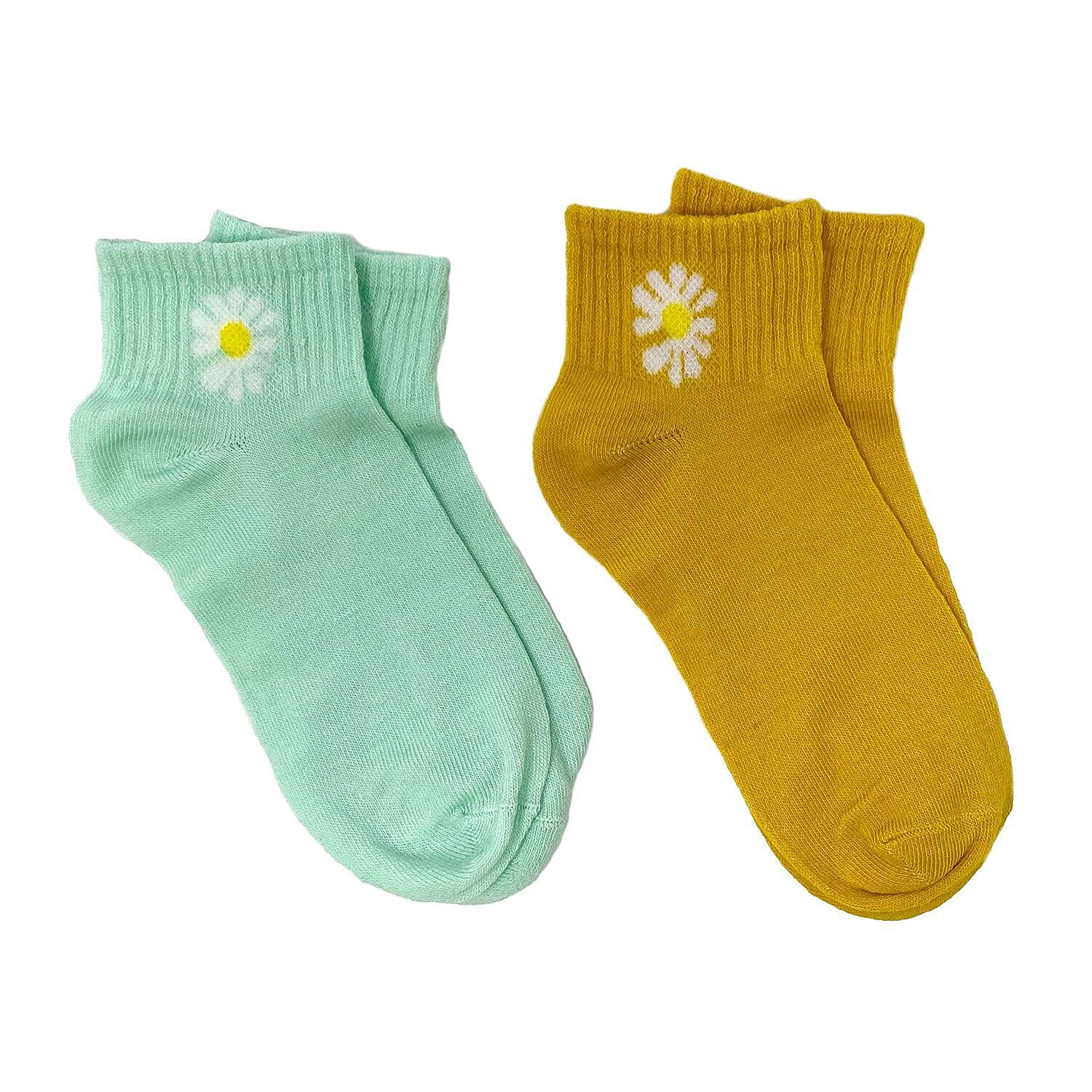 Set of 2 Boat Cut Ankle Socks with Daisy Accent - Turquoise and Fall Rust