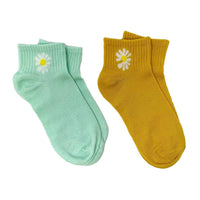 Set of 2 Boat Cut Ankle Socks with Daisy Accent - Turquoise and Fall Rust