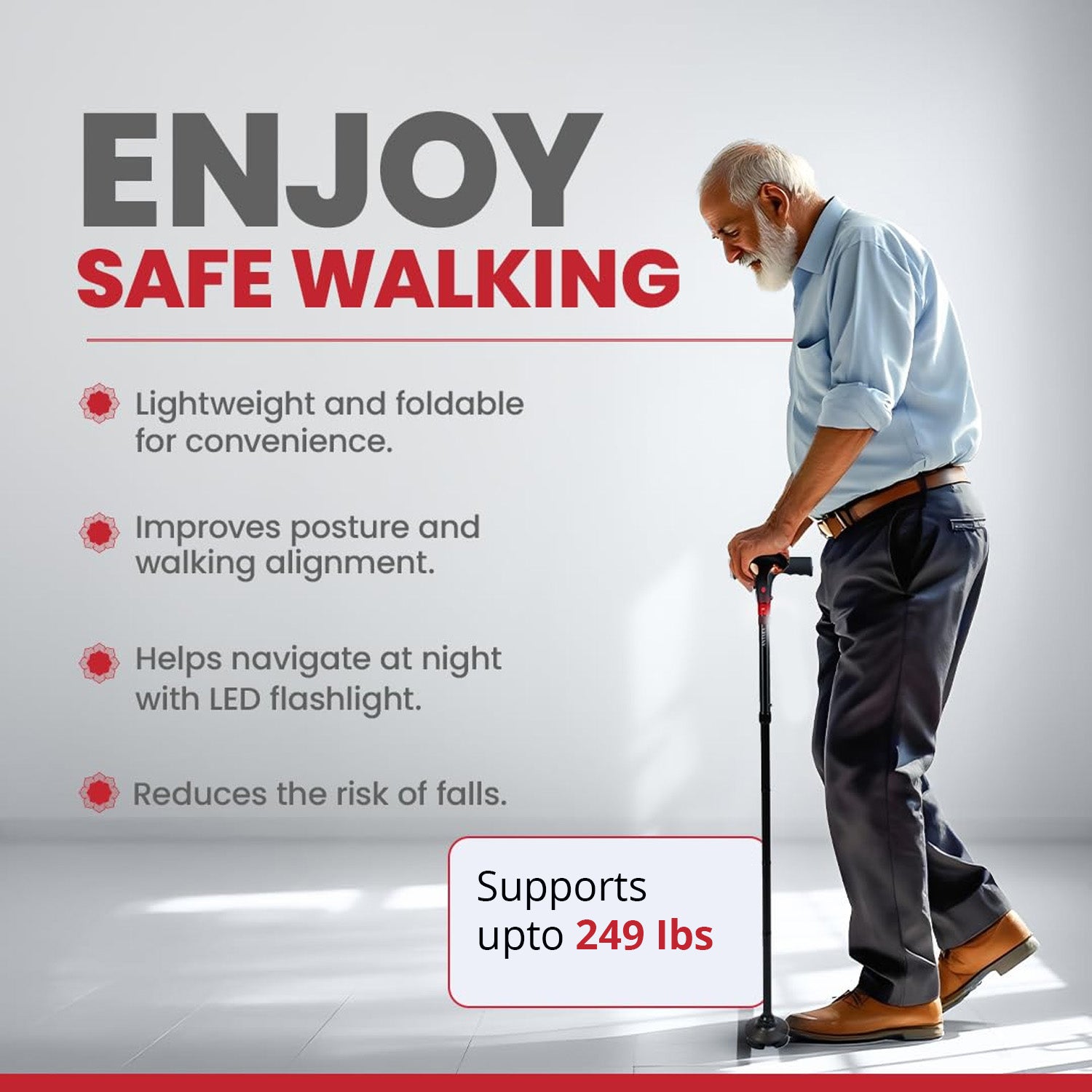 Soulsmart Black 2 Handles Foldable Smart Easy Up Cane with LED Light (2xAAA Batteries Not Included)