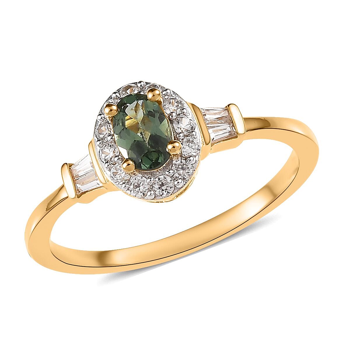 Tanzanian Natural Green Apatite and White Zircon Halo Ring in Vermeil Yellow Gold Over Sterling Silver 1.00 ctw