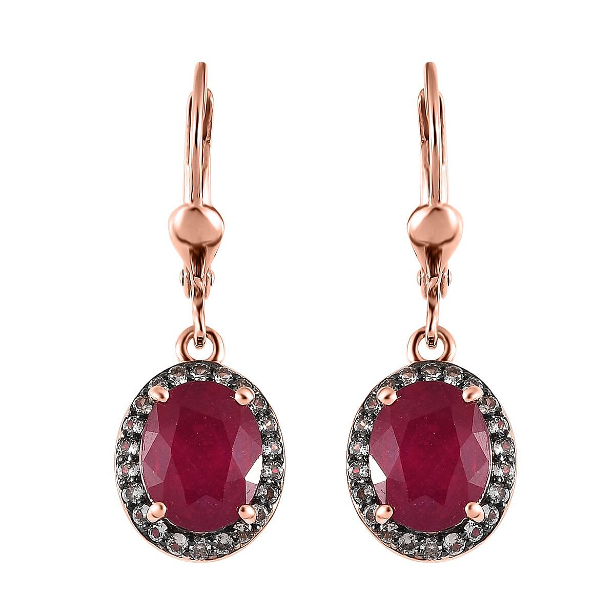 Niassa Ruby (FF) and Champagne Zircon Lever Back Earrings in Vermeil Rose Gold Over Sterling Silver 6.10 ctw