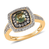 Tanzanian Natural Green Apatite, White and Champagne Zircon Double Halo Ring in Vermeil Yellow Gold Over Sterling Silver 1.20 ctw