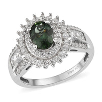 Green Apatite and White Zircon Sunburst Ring in Platinum Over Sterling Silver (Size 10.0) 2.80 ctw