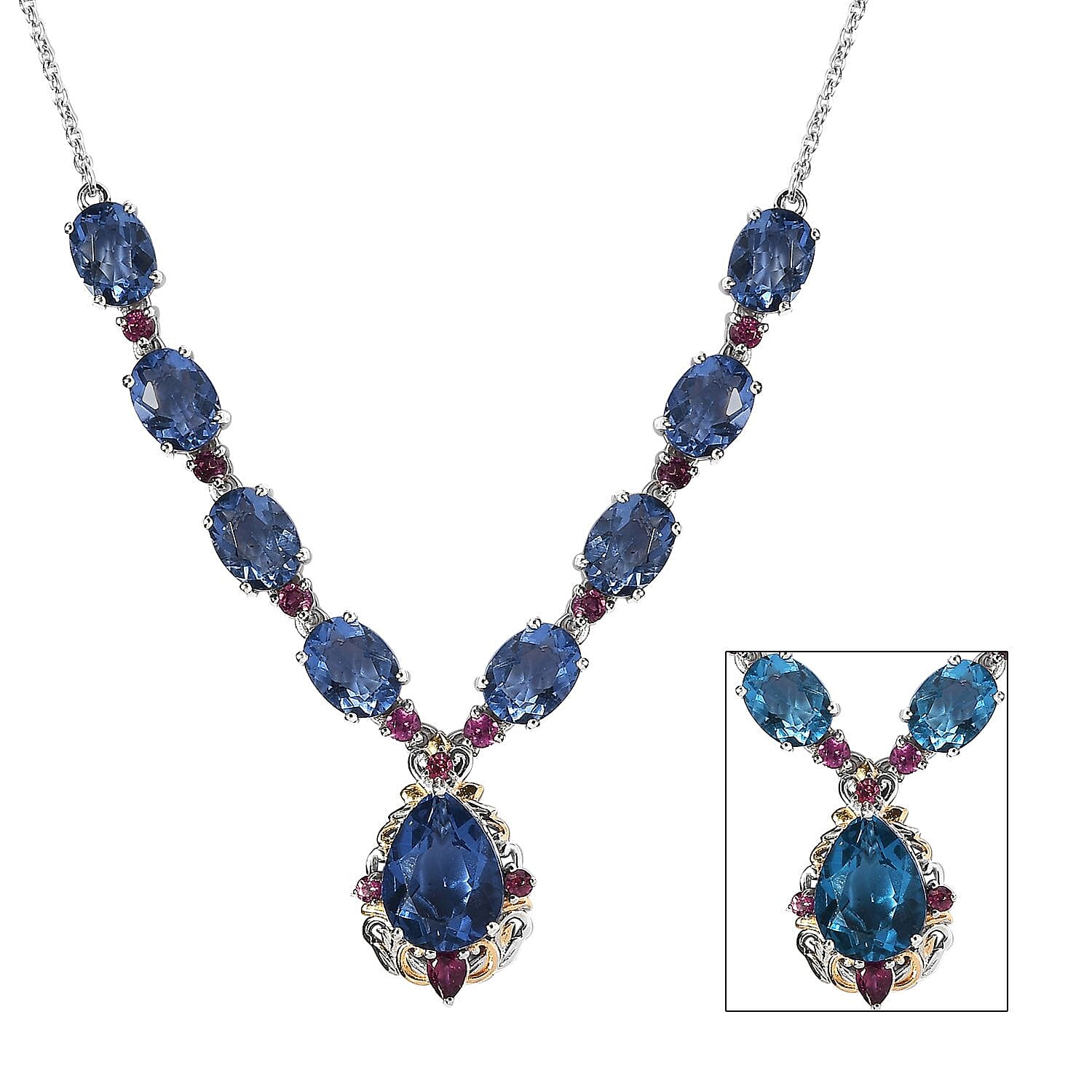 D'Joy Color Change Fluorite (IR) and Orissa Rhodolite Garnet Necklace 18-20 Inches in Vermeil Yellow Gold and Platinum Over Sterling Silver 16.65 ctw