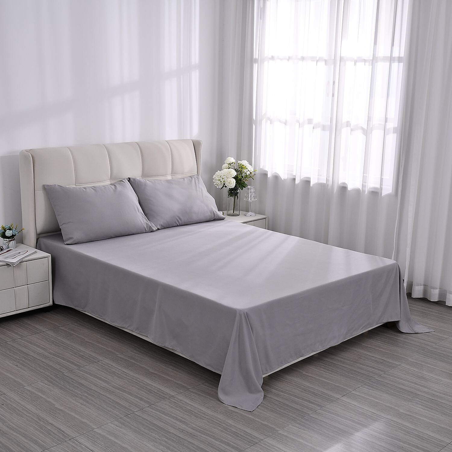 Set of 4 Light Grey Color Aloe Additive Sheets - Queen (Microfiber)
