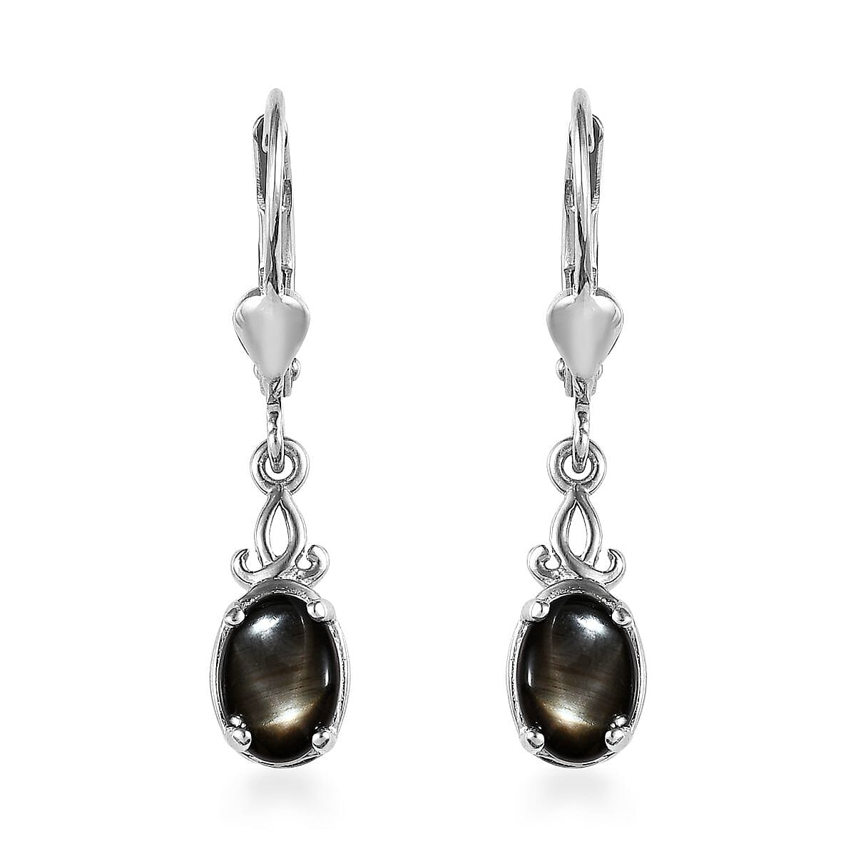 Bankacha Natural Black Star Sapphire Lever Back Earrings in Platinum Over Sterling Silver 2.50 ctw