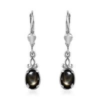 Bankacha Natural Black Star Sapphire Lever Back Earrings in Platinum Over Sterling Silver 2.50 ctw