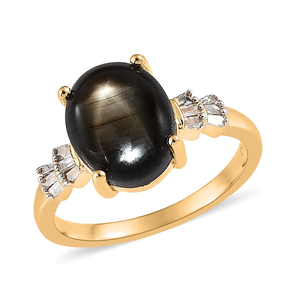 Bankacha Natural Black Star Sapphire and Diamond Ring in Vermeil Yellow Gold Over Sterling Silver 3.60 ctw