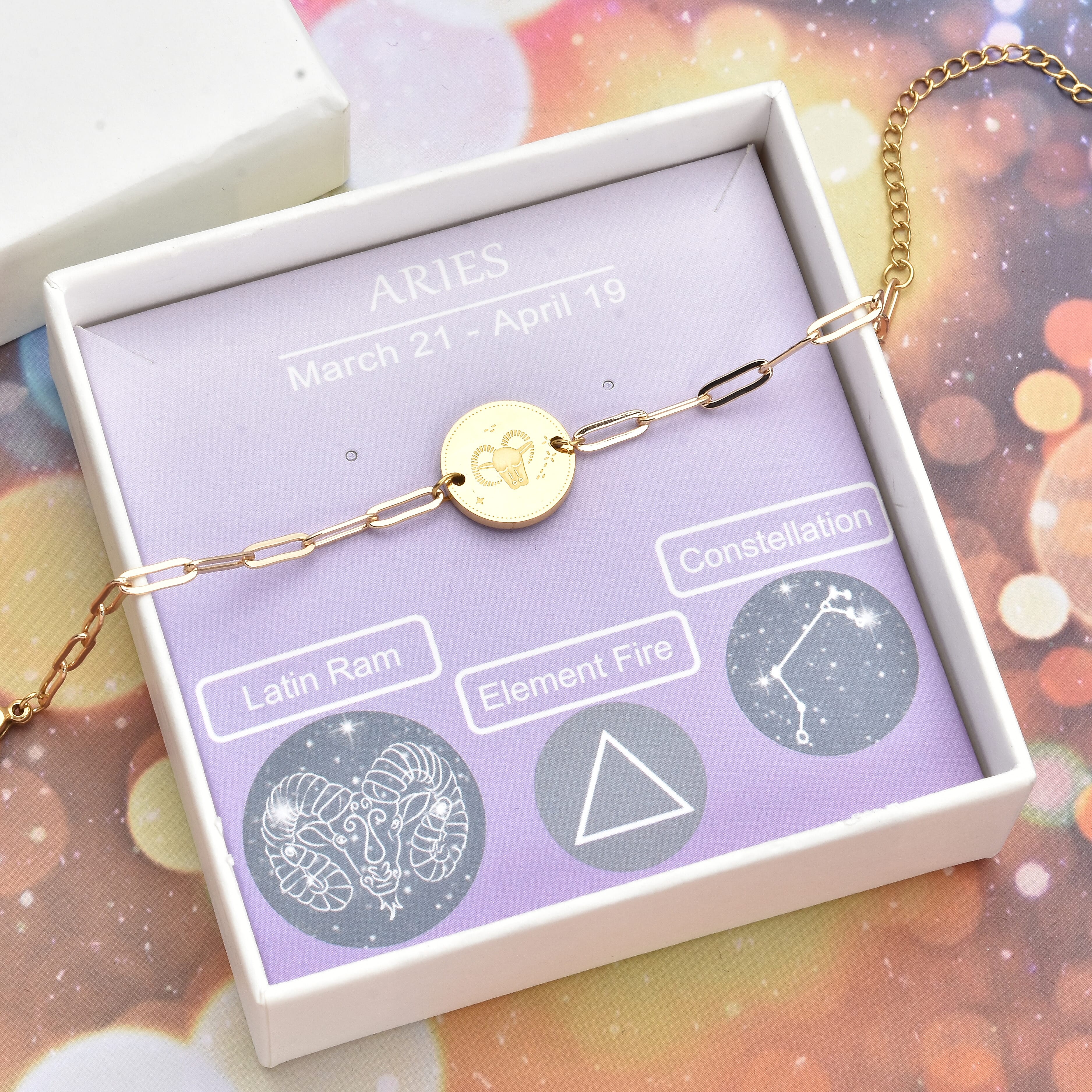 White Austrian Crystal Aries Zodiac Engraved Coin Charm Bracelet in ION Plated YG Stainless Steel