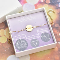 White Austrian Crystal Aries Zodiac Engraved Coin Charm Bracelet in ION Plated YG Stainless Steel