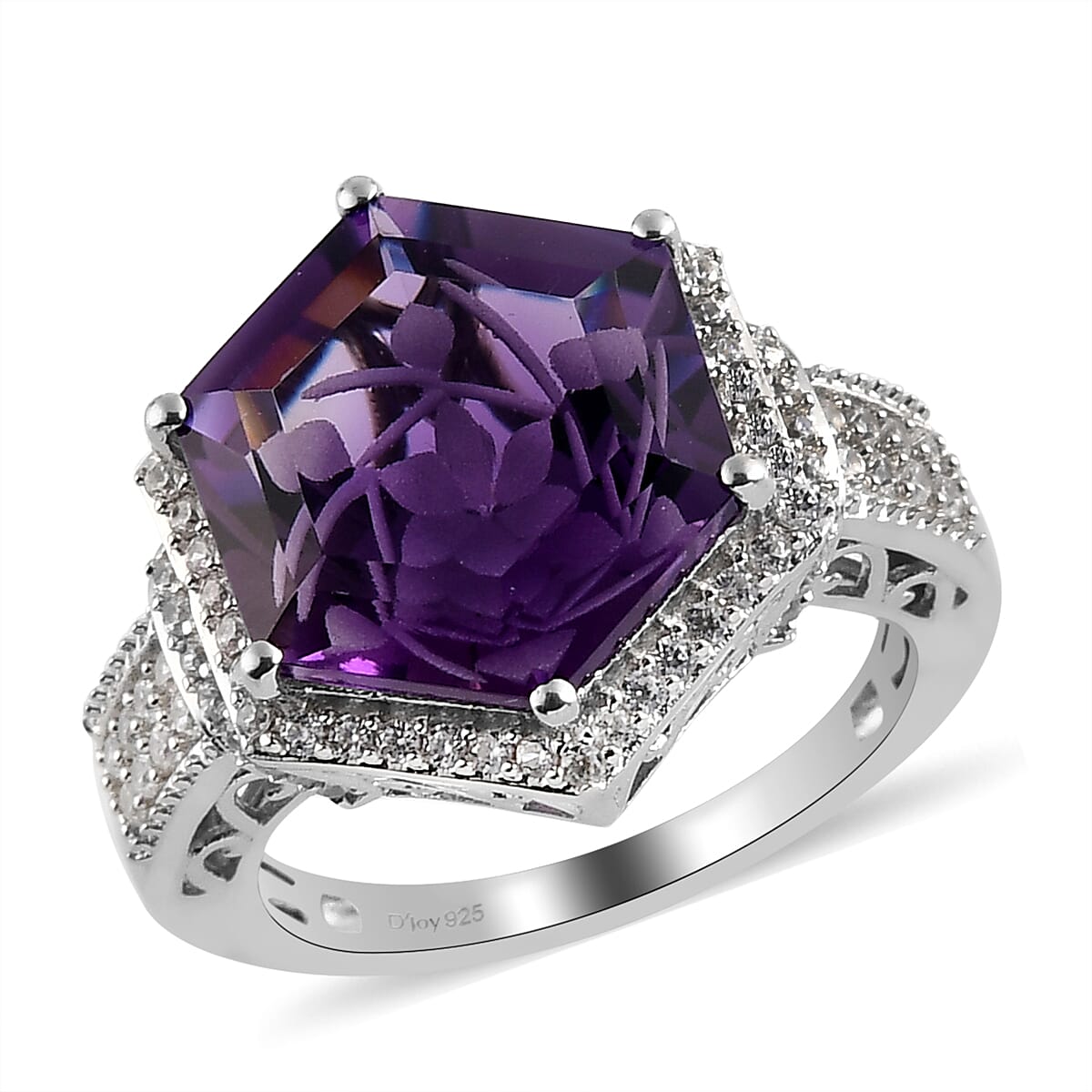 Amethyst and Natural White Zircon Ring in Platinum Over Sterling Silver 7.40 ctw (1)