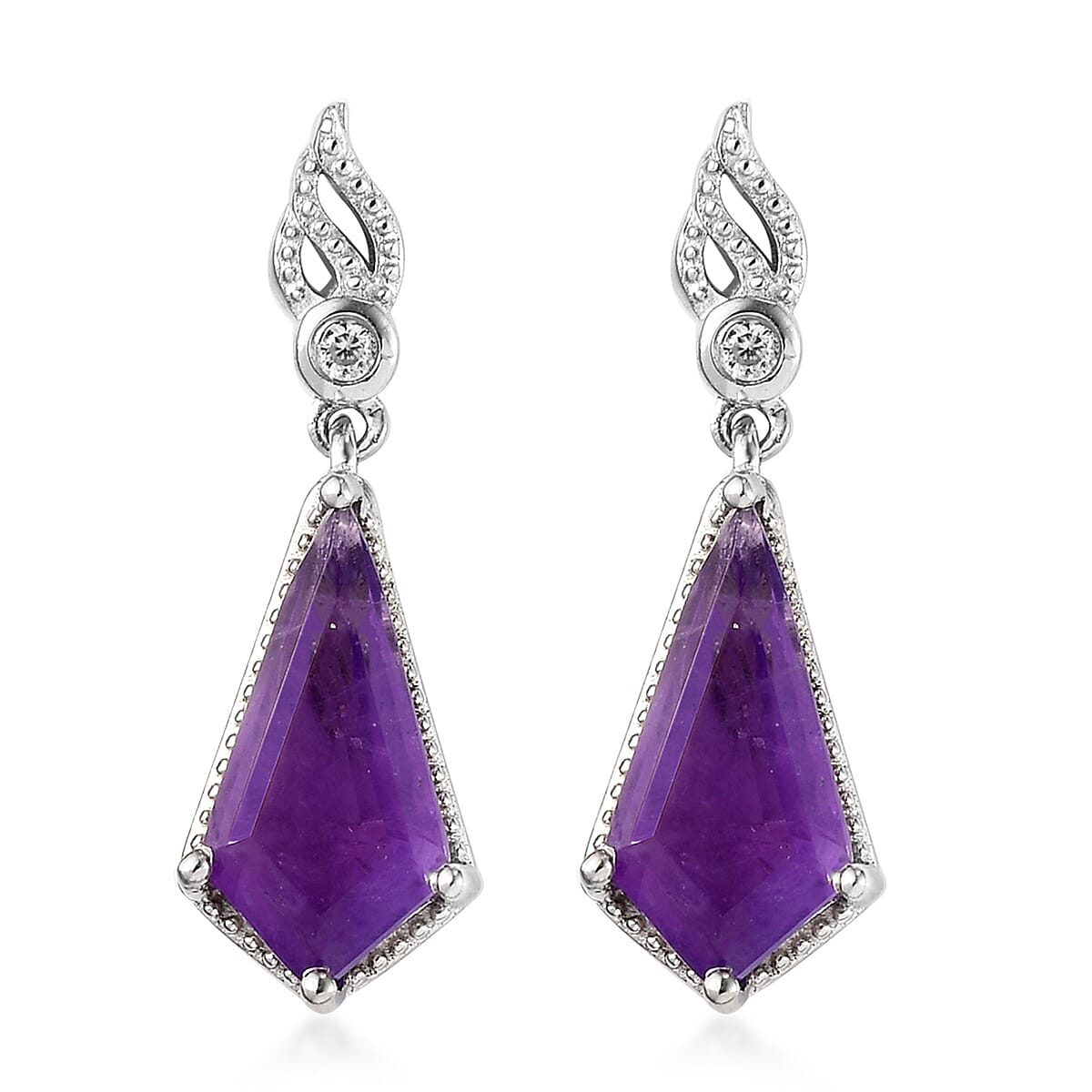 Amethyst and Natural White Zircon Dangling Earrings in Platinum Over Sterling Silver 4.25 ctw