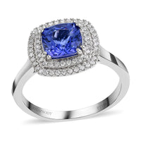 RHAPSODY 950 Platinum AAAA Tanzanite and Diamond E-F VS Double Halo Ring 6.60 Grams 2.00 ctw