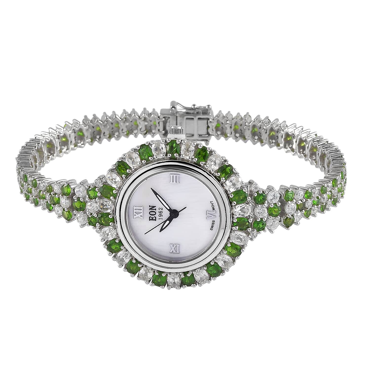EON 1962 Swiss Movement Natural Russian Diopside, Natural White Zircon Bracelet Watch in Platinum Over Sterling Silver (7.25 in) (15.80 g) 17.85 ctw