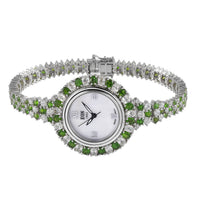 EON 1962 Swiss Movement Natural Russian Diopside, Natural White Zircon Bracelet Watch in Platinum Over Sterling Silver (7.25 in) (15.80 g) 17.85 ctw