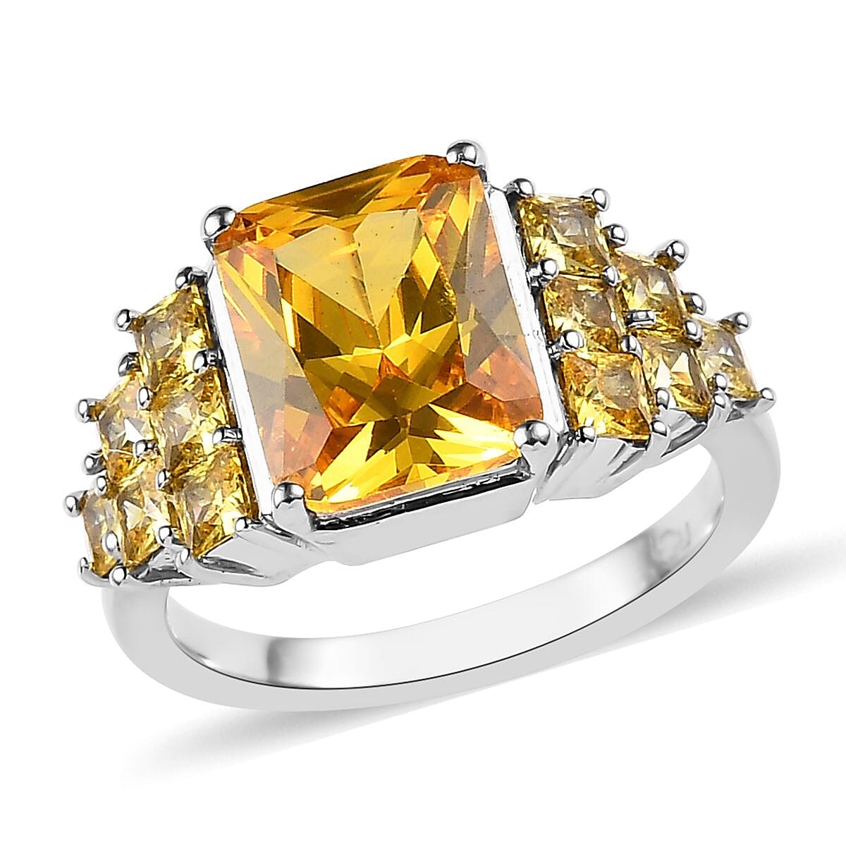 Simulated Yellow Diamond Ring in Platinum Over Copper with Magnet 6.85 ctw