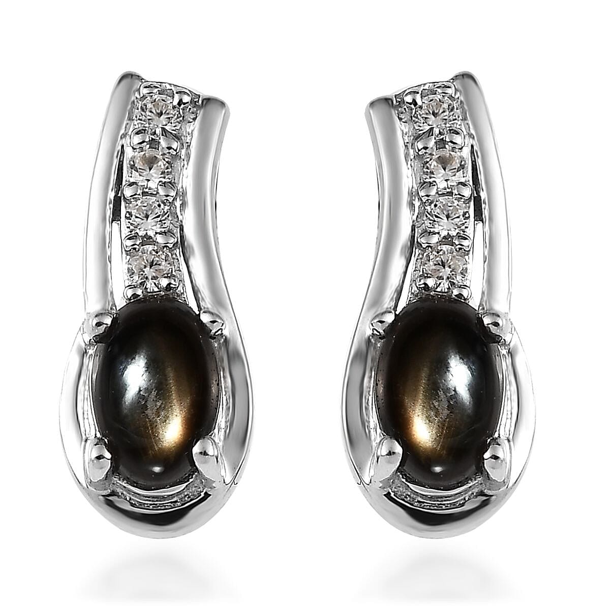 Bankacha Natural Black Star Sapphire and White Zircon Stud Earrings in Platinum Over Sterling Silver 1.60 ctw
