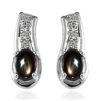 Bankacha Natural Black Star Sapphire and White Zircon Stud Earrings in Platinum Over Sterling Silver 1.60 ctw