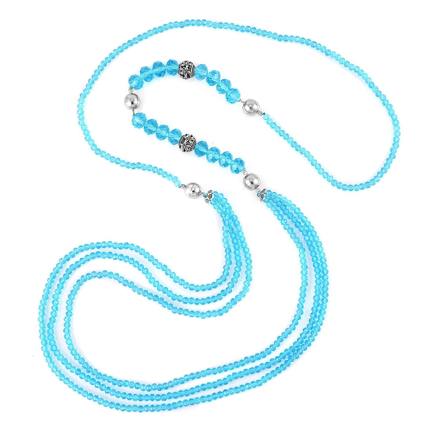Blue Austrian Crystal Beaded Necklace 42 Inches in Silvertone