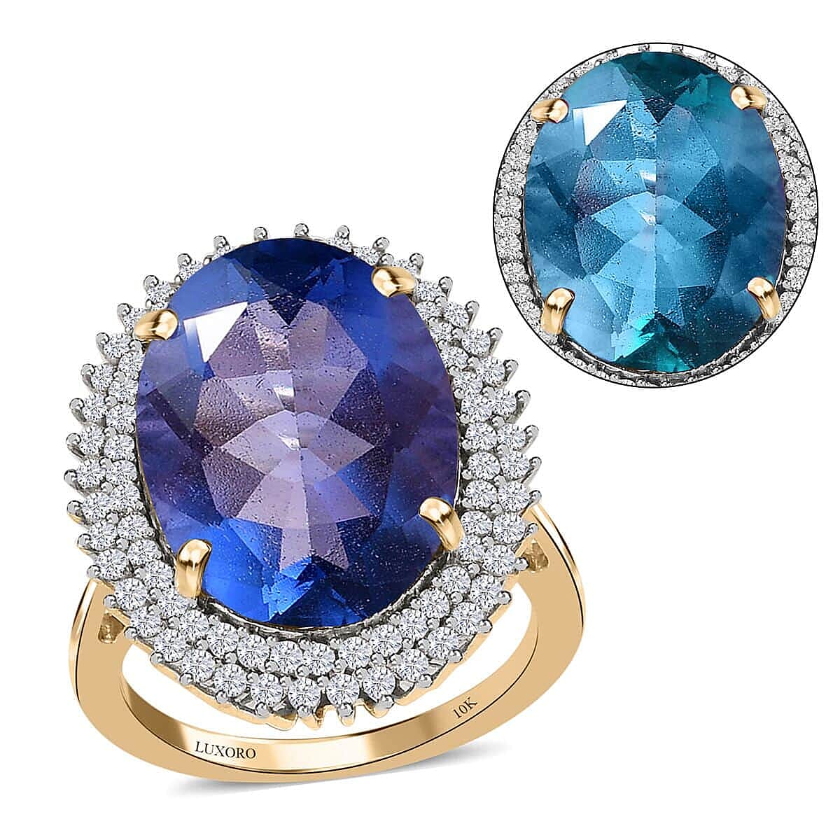 Luxoro 10K Yellow Gold Premium Color Change Fluorite and Moissanite Ring 14.75 ctw
